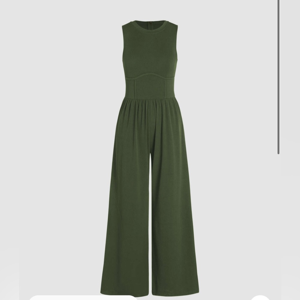 Cider Olive Green Sleeveless Wide-Leg Jumpsuit